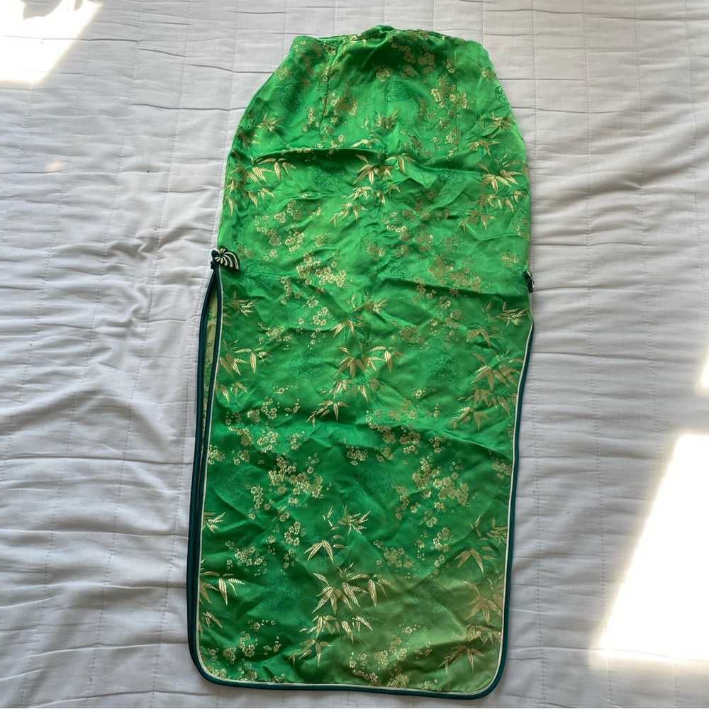 Green Floral Satin Cheongsam-Style Pencil Skirt